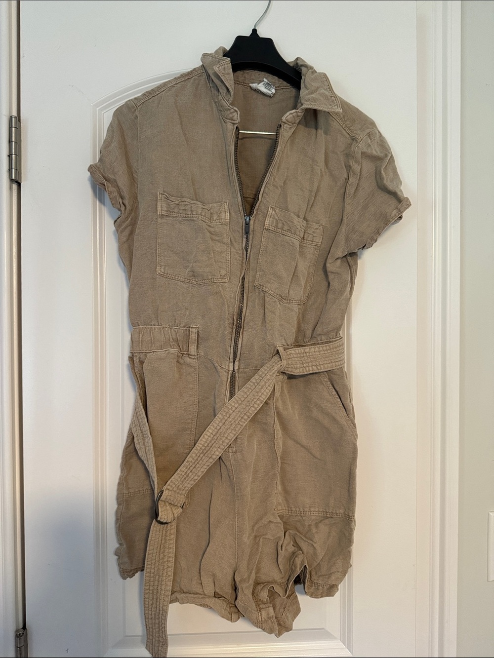 Beige Utility Romper with Waist Tie